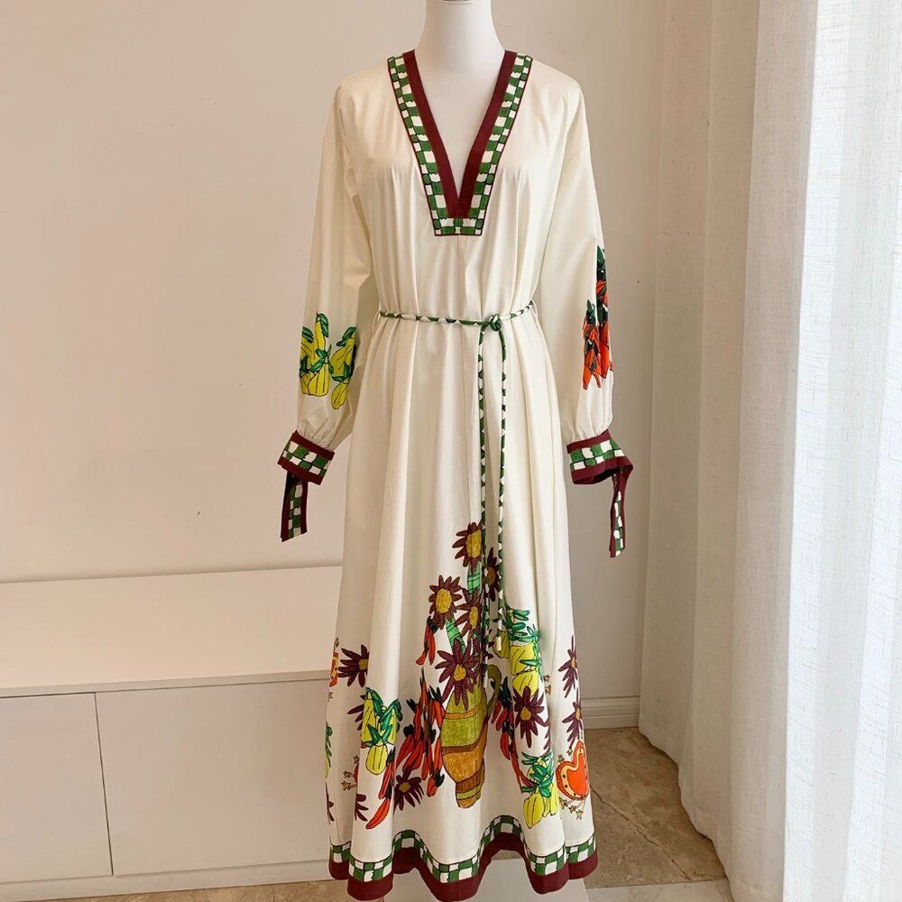 Alemais Cream Floral Long-Sleeve Maxi Dress with Green & Burgundy Trim
